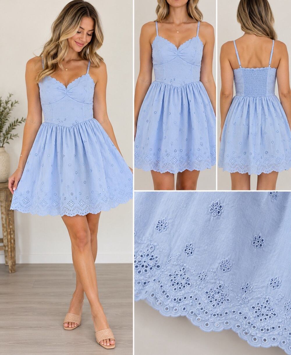 American Eagle Women’s Blue Eyelet Mini Dress Size Small Smocked Sundress